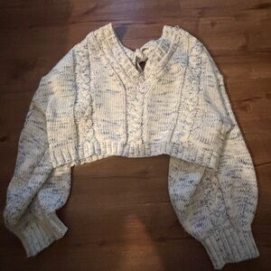 Altar'd State Cream and Blue V-Neck Cable Knit Sweater